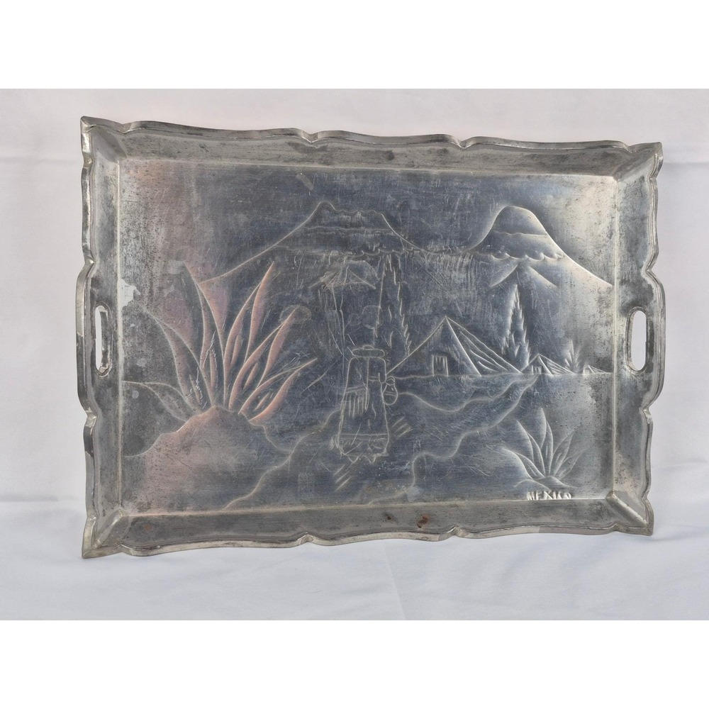 Vintage Mexico Metal Serving Tray 18" Embossed Mountain Cabin Lodge Rustic Decor